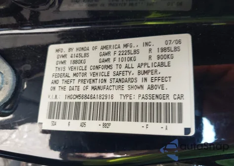 2006 Honda Accord 2.4 Ex z USA, uszkodzony, nr VIN 1HGCM56846A182916
